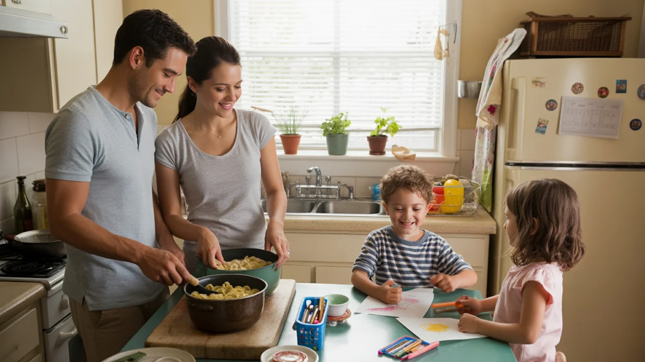 A young family cooks dinner together in their modest kitchen in Pasadena, TX.