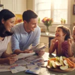 A young family sorts coupons at their kitchen table while kids snack after school in Clermont, FL home.