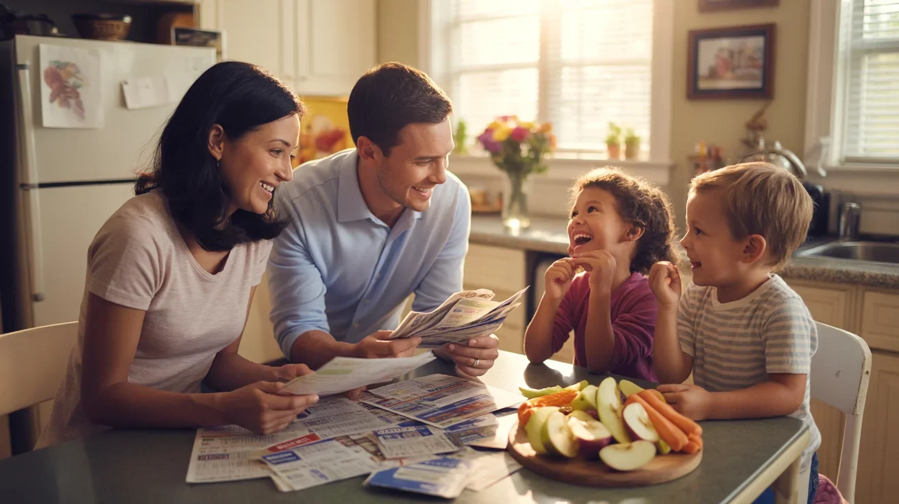 A young family sorts coupons at their kitchen table while kids snack after school in Clermont, FL home.