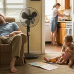 Father naps in armchair while daughter plays on floor in Garland living room on hot summer day