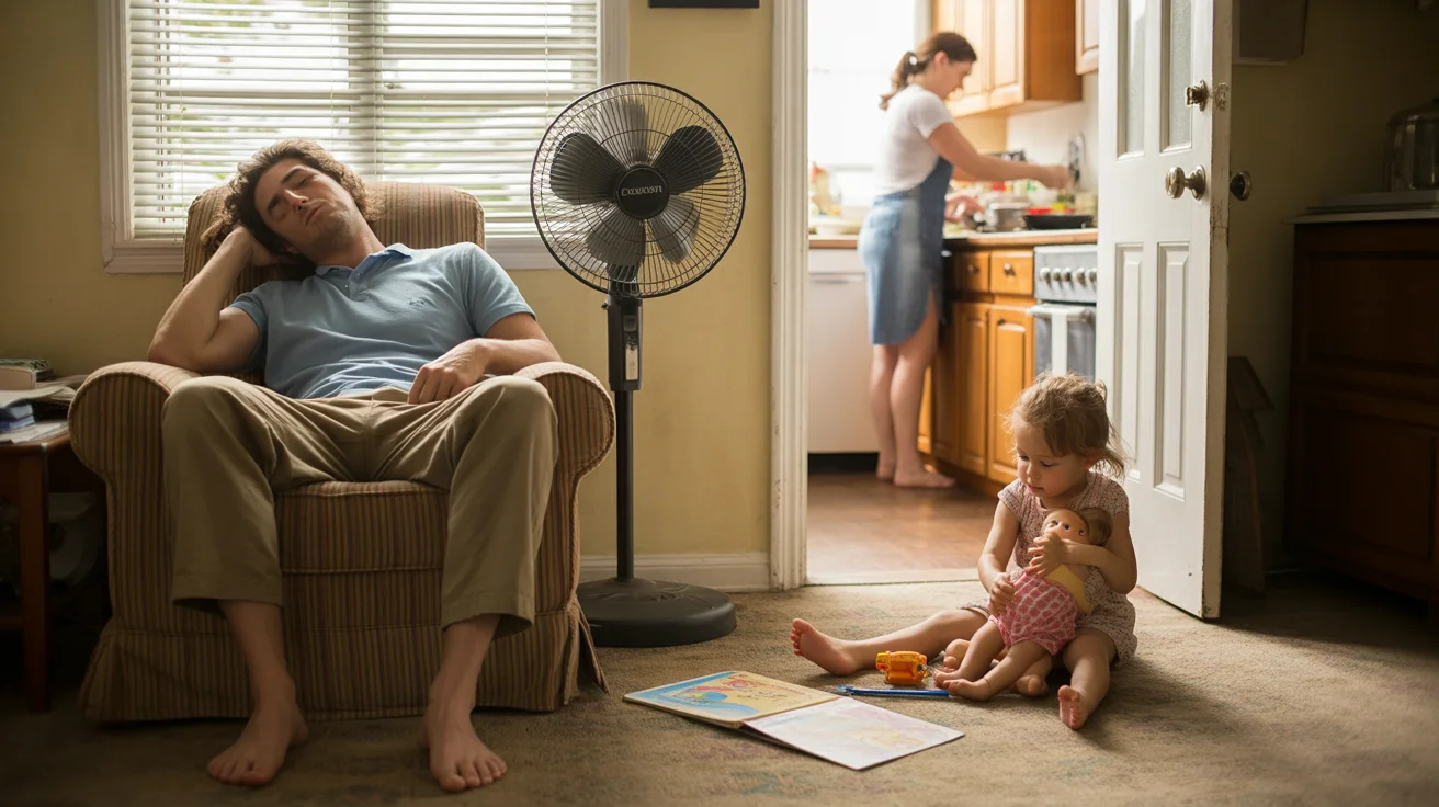 Father naps in armchair while daughter plays on floor in Garland living room on hot summer day