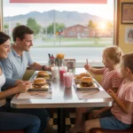A family of four enjoys dinner together at a casual diner in Arvada, Colorado