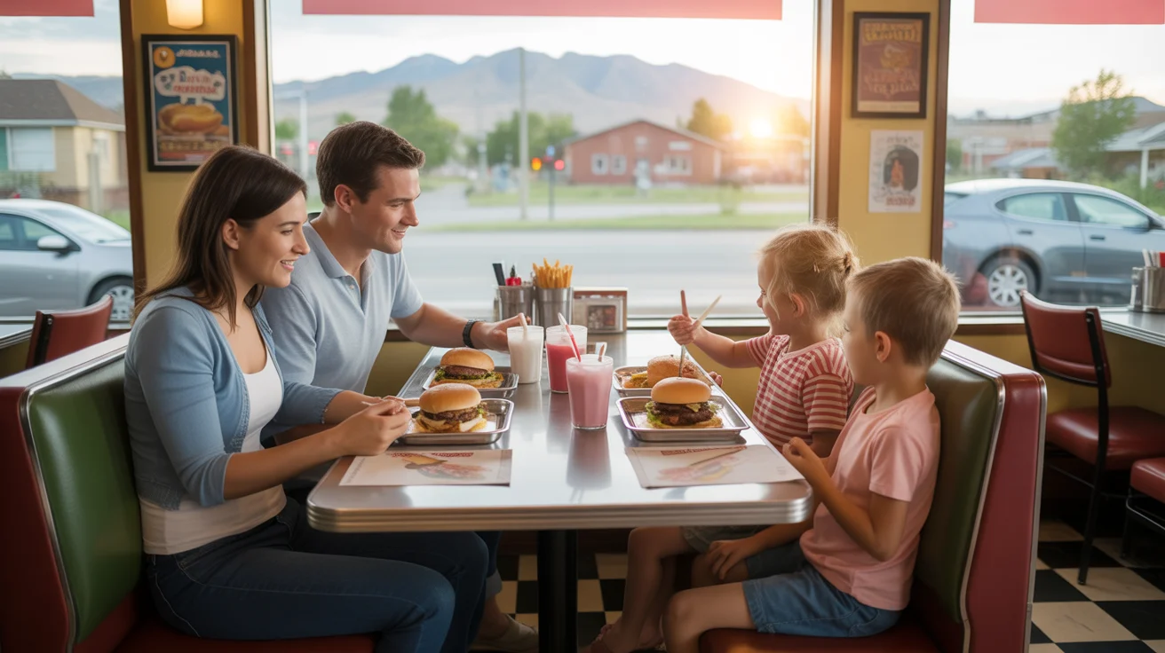 A family of four enjoys dinner together at a casual diner in Arvada, Colorado