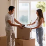 Couple unpacking in their new sunny apartment living room in Orange, California
