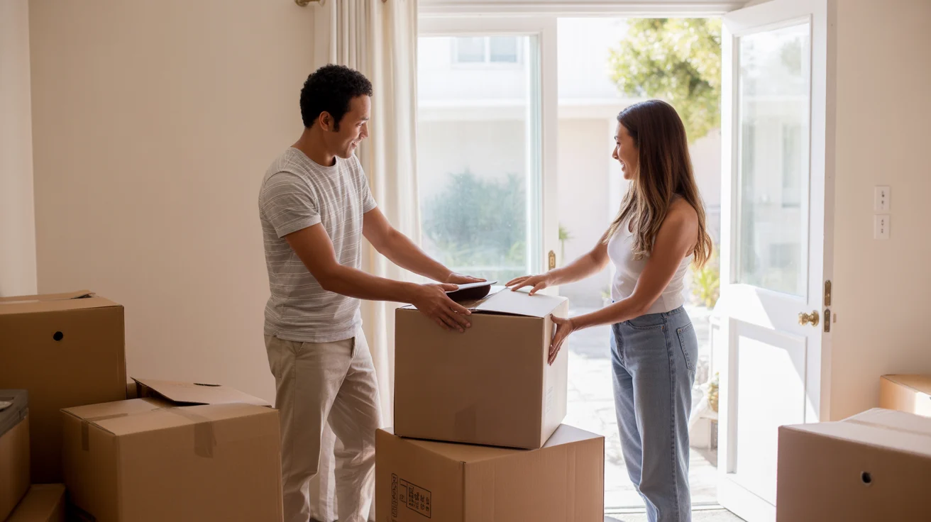 Couple unpacking in their new sunny apartment living room in Orange, California