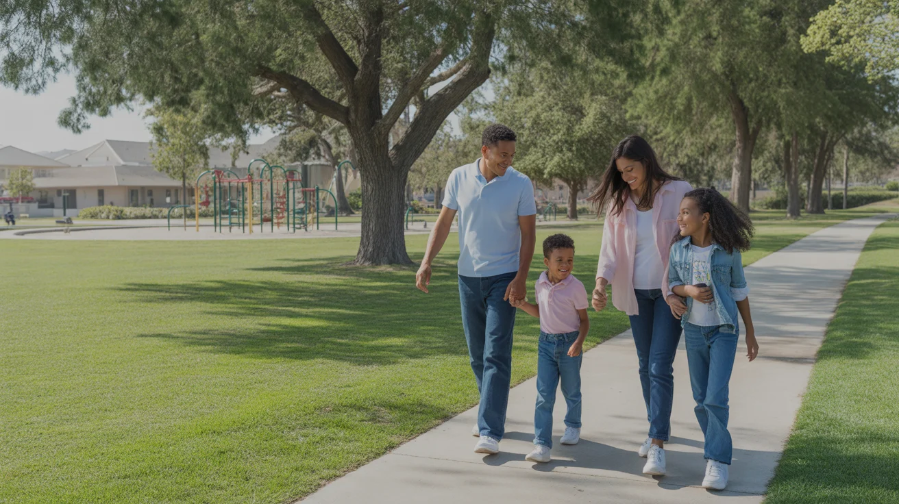 Happy family walking together through a large shady park in San Bernardino, California