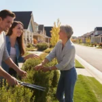 A young couple tends to their yard and chats with a neighbor outside their new suburban home in Lehi, Utah
