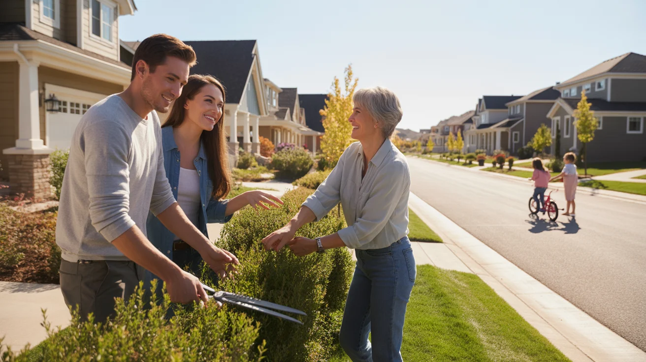 A young couple tends to their yard and chats with a neighbor outside their new suburban home in Lehi, Utah