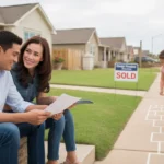 Couple sitting on front steps of new home in Grand Prairie, TX with daughter playing nearby