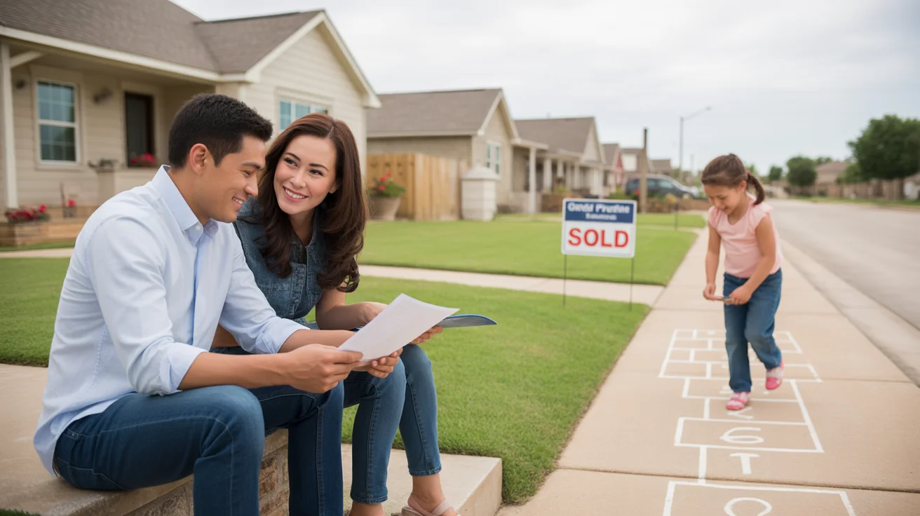 Couple sitting on front steps of new home in Grand Prairie, TX with daughter playing nearby