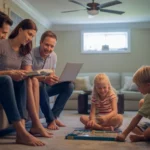 Family of four keeping cool in their finished basement on a hot summer day in Lexington, Kentucky