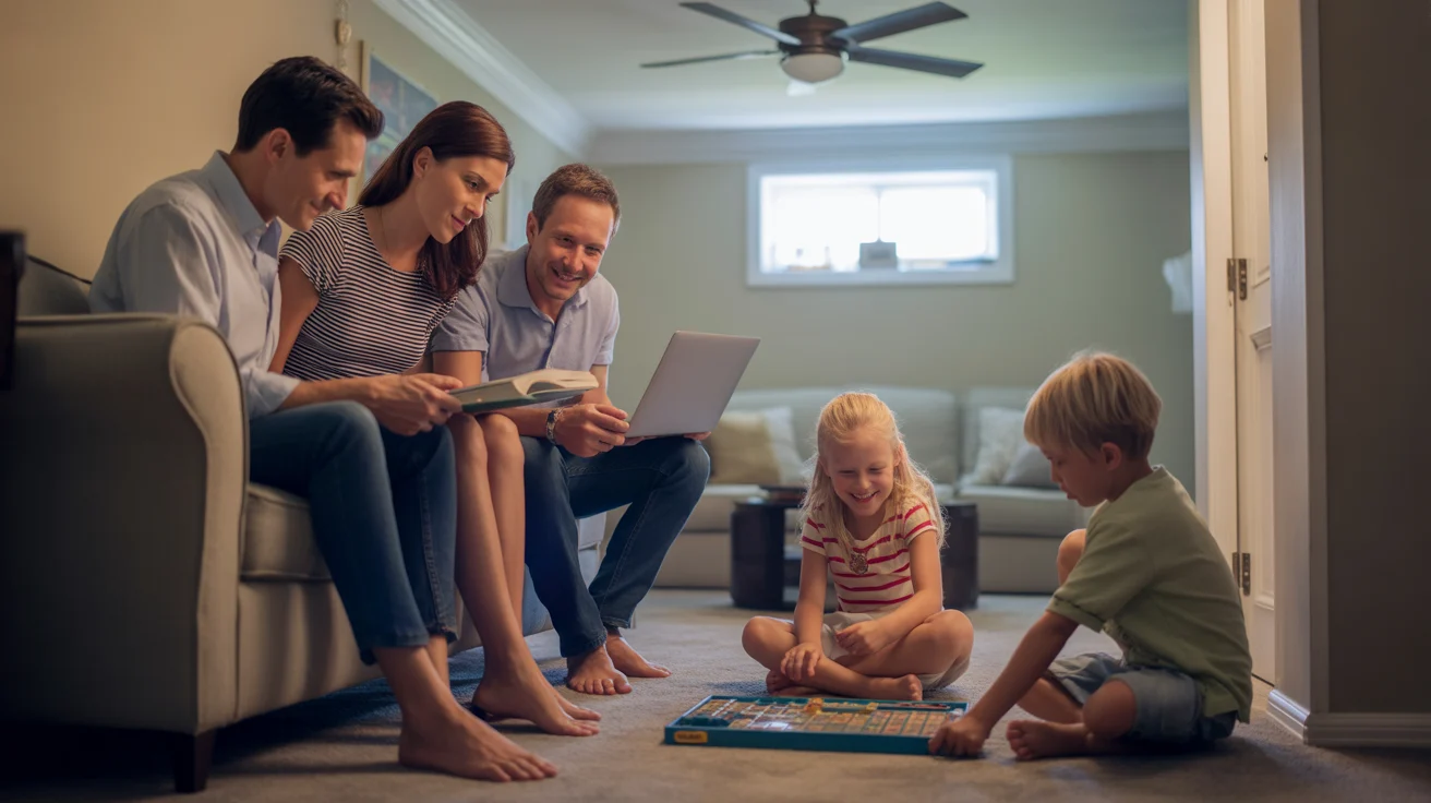 Family of four keeping cool in their finished basement on a hot summer day in Lexington, Kentucky