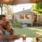 Father and daughter enjoying summer evening together on patio in Stonecrest backyard