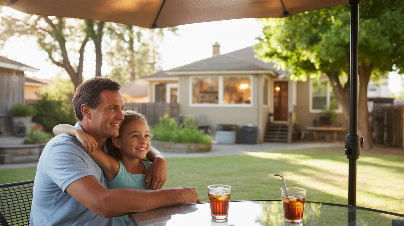 Father and daughter enjoying summer evening together on patio in Stonecrest backyard