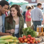 Couple shopping for fresh produce at San Bernardino farmer's market