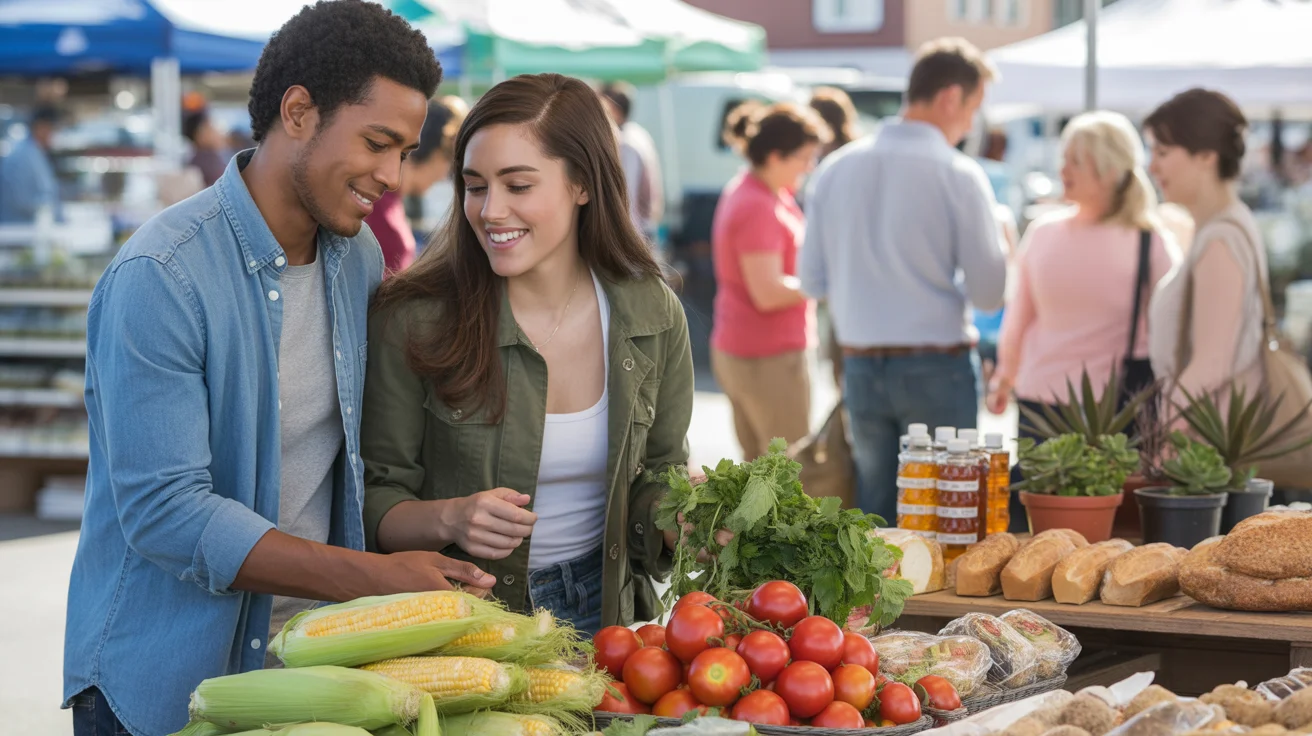 Couple shopping for fresh produce at San Bernardino farmer's market