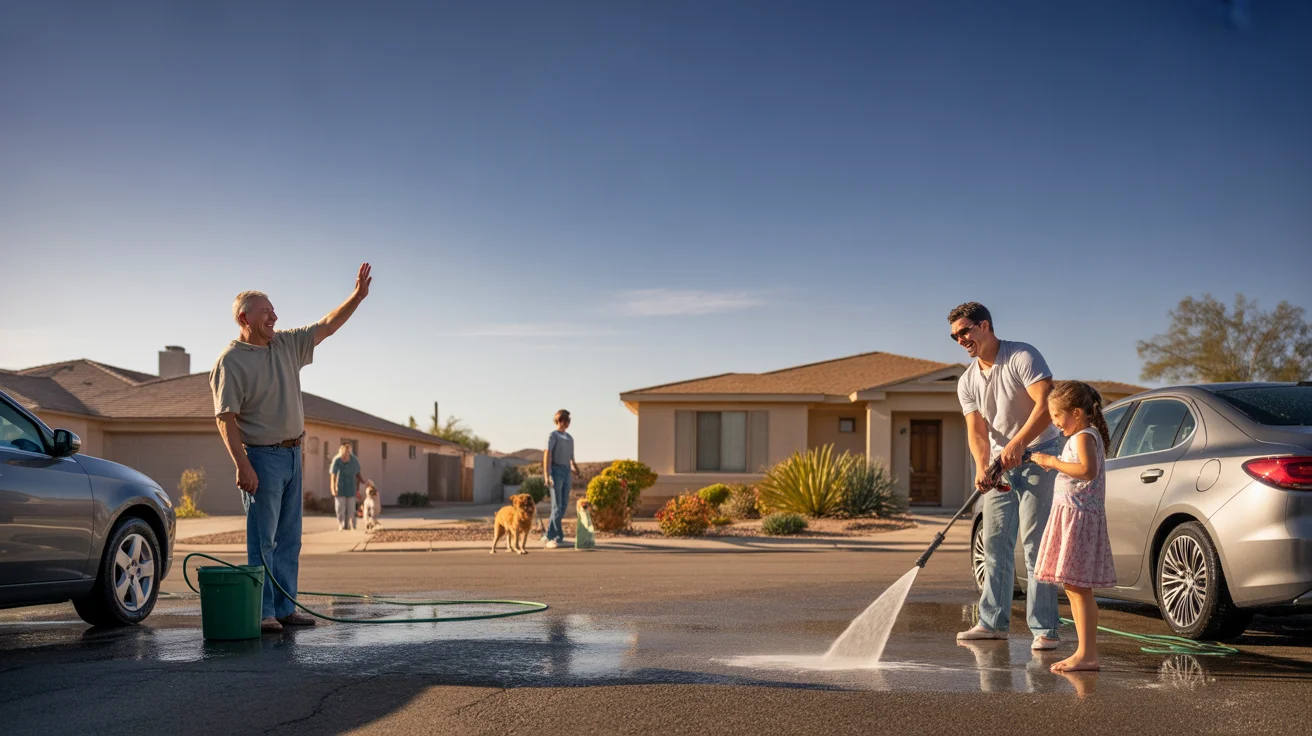 Neighbors in Sunrise Manor smile and wave while washing their cars on a sunny Saturday morning