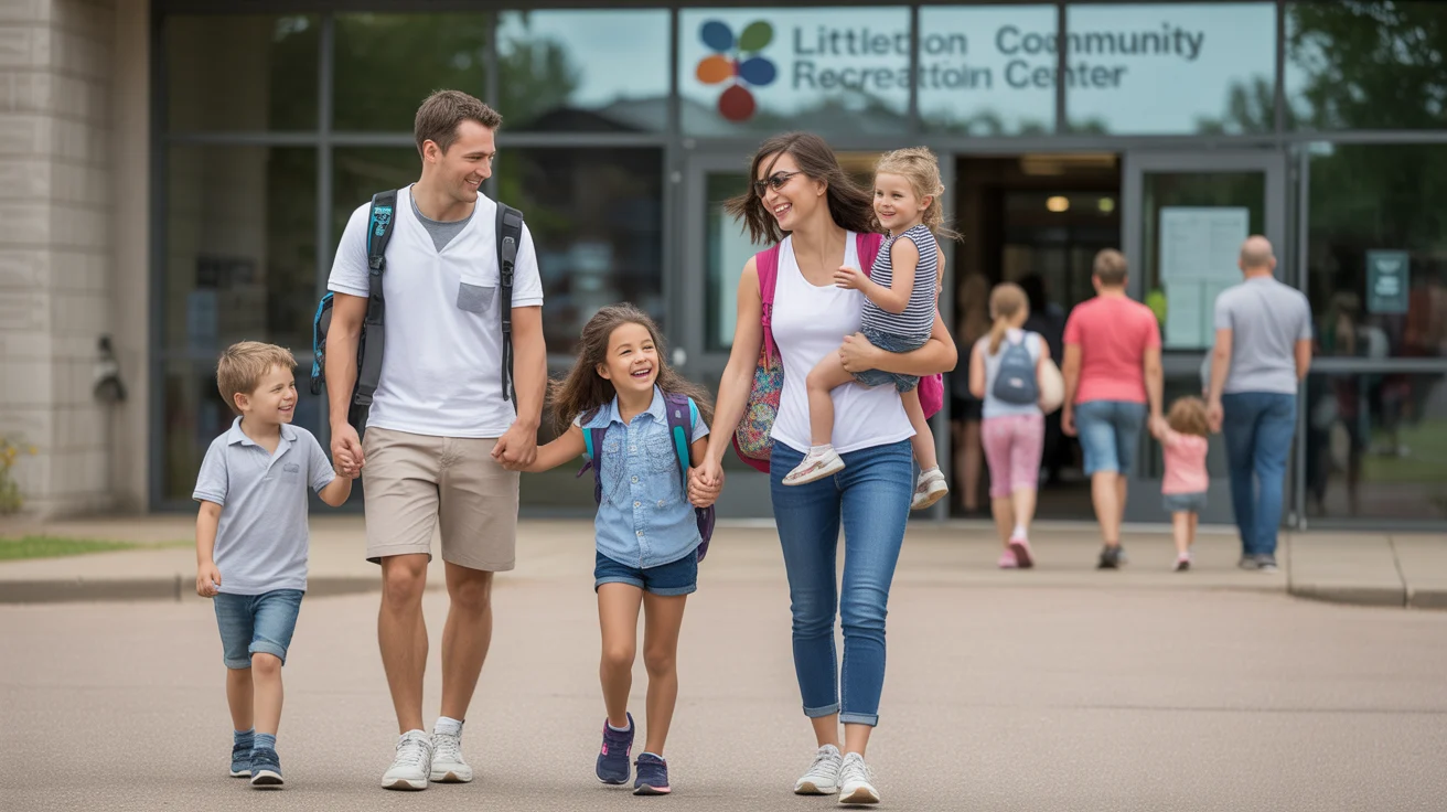A happy young family enters the Littleton Community Recreation Center on a sunny day.