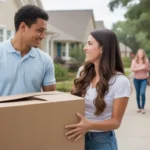 Couple unpacking moving boxes in driveway of new Pearland TX home