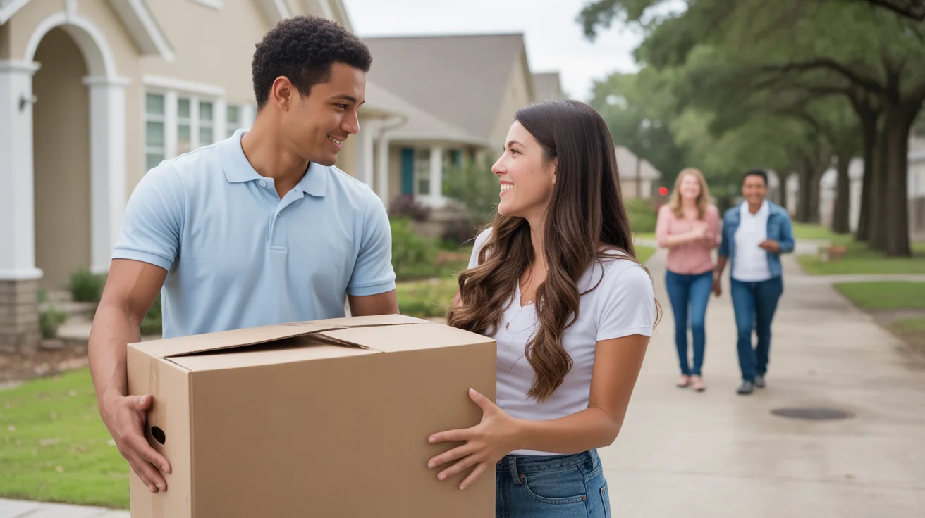 Couple unpacking moving boxes in driveway of new Pearland TX home