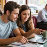 Couple reviewing budget spreadsheet at diner in Alpharetta, Georgia