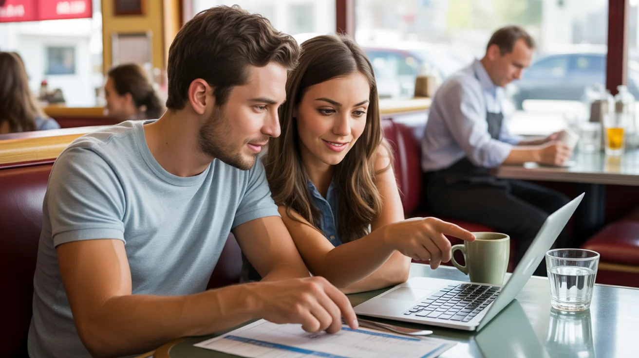 Couple reviewing budget spreadsheet at diner in Alpharetta, Georgia