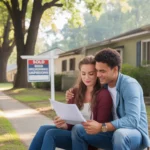 Couple sitting on front steps of first home in Gastonia, North Carolina