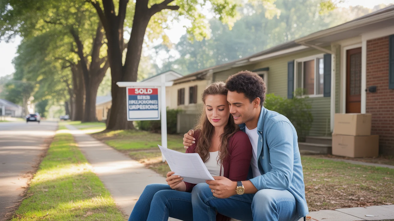 Couple sitting on front steps of first home in Gastonia, North Carolina