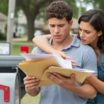 Couple looking concerned while checking mail and bills by community mailbox in Georgetown, Texas suburb