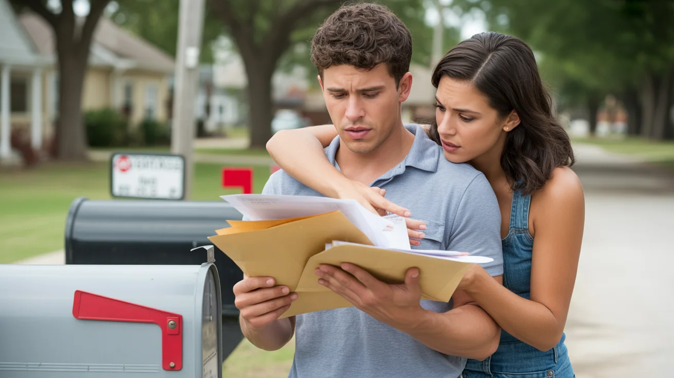 Couple looking concerned while checking mail and bills by community mailbox in Georgetown, Texas suburb