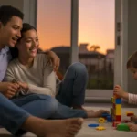 Couple watching TV together on couch as their child plays nearby in Irvine apartment at sunset