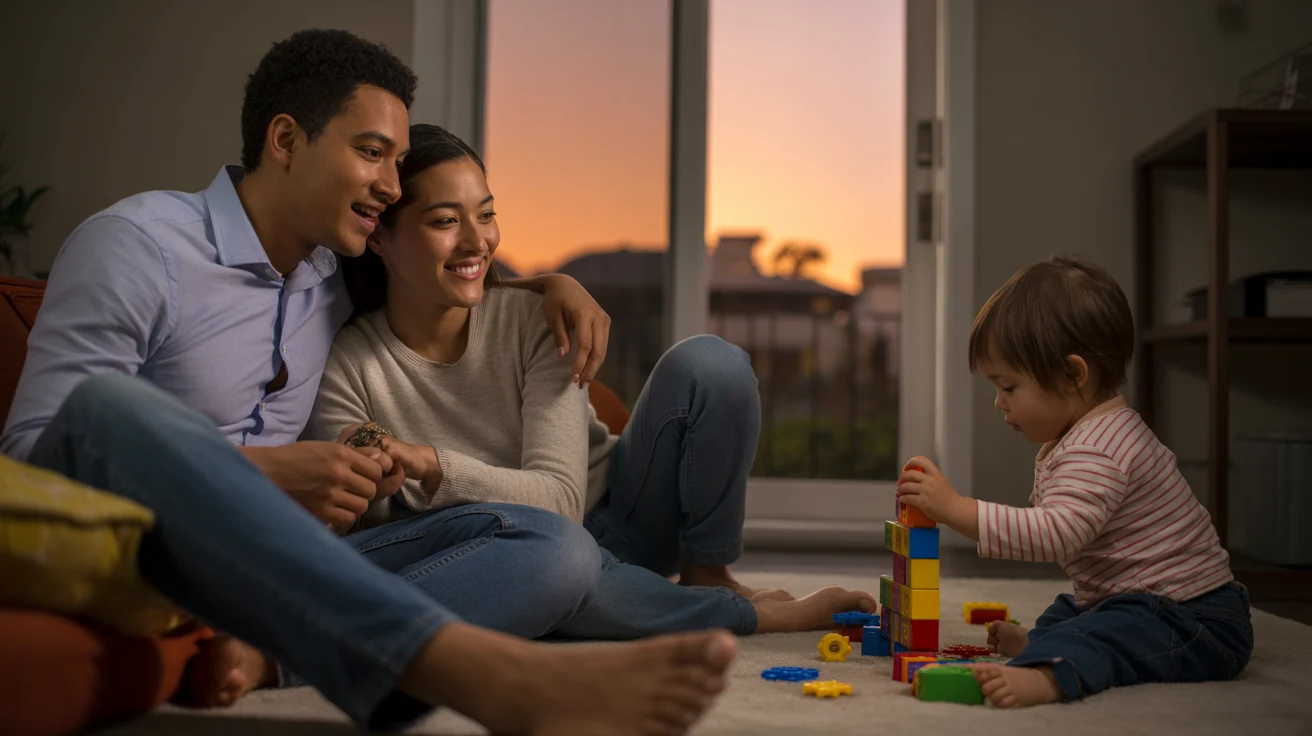 Couple watching TV together on couch as their child plays nearby in Irvine apartment at sunset