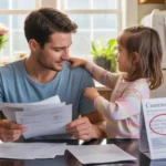 Father and daughter reviewing utility bills and HOA notice in kitchen