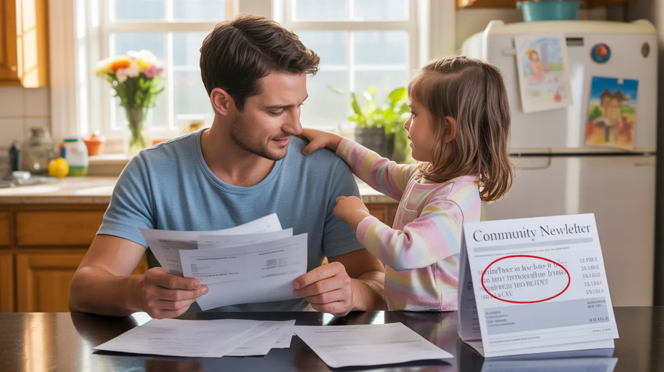Father and daughter reviewing utility bills and HOA notice in kitchen