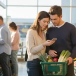 A couple consults a shopping list while buying produce at a Boulder, CO grocery store