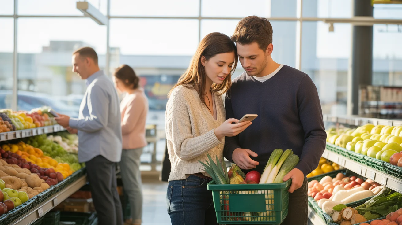 A couple consults a shopping list while buying produce at a Boulder, CO grocery store