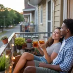 Couple relaxing on their cozy apartment balcony in Douglasville, Georgia