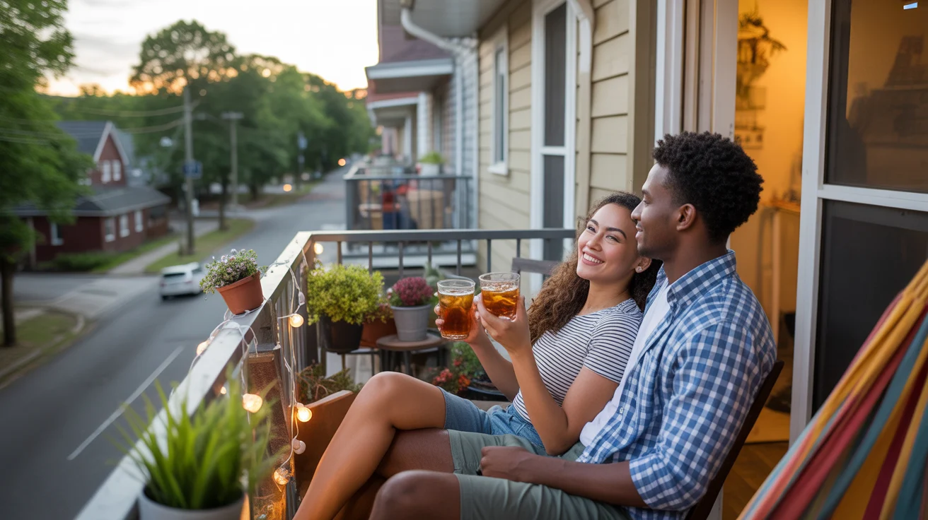 Couple relaxing on their cozy apartment balcony in Douglasville, Georgia