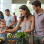 A couple with their toddler daughter shopping for produce at a grocery store in Mckinney, Texas