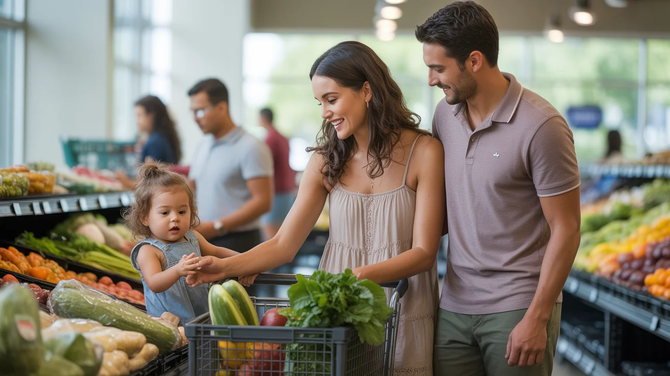 A couple with their toddler daughter shopping for produce at a grocery store in Mckinney, Texas