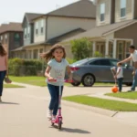 Girl riding scooter on sidewalk in suburban Sugar Land neighborhood with mixed housing types