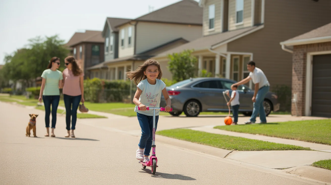 Girl riding scooter on sidewalk in suburban Sugar Land neighborhood with mixed housing types