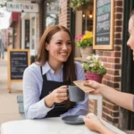 Woman receiving coffee from barista at local cafe in Irving, Texas