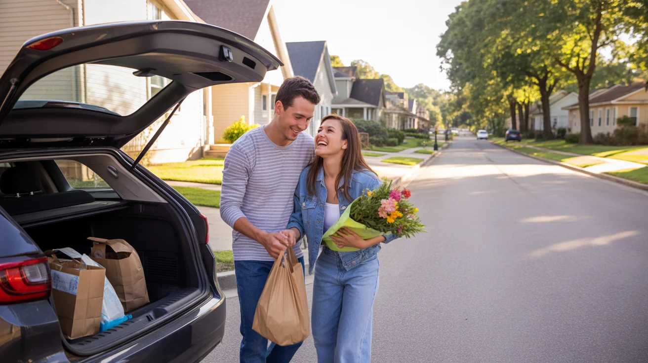 Couple unloading groceries outside their apartment in Westminster, Colorado