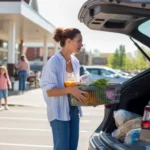 Woman loading groceries into car trunk in Aurora, IL grocery store parking lot