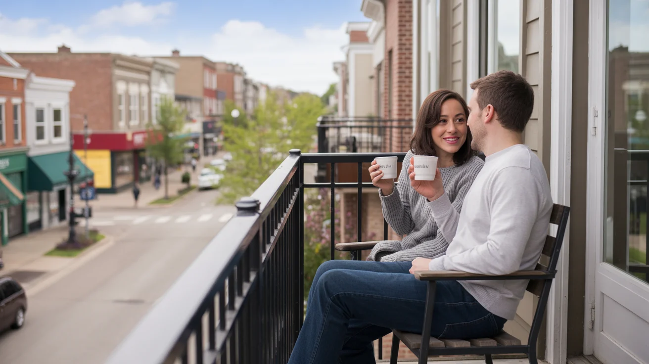 Couple drinking coffee on apartment balcony overlooking walkable Naperville, IL street
