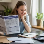 Woman reviewing utility fees while budgeting at kitchen table in Sandy apartment