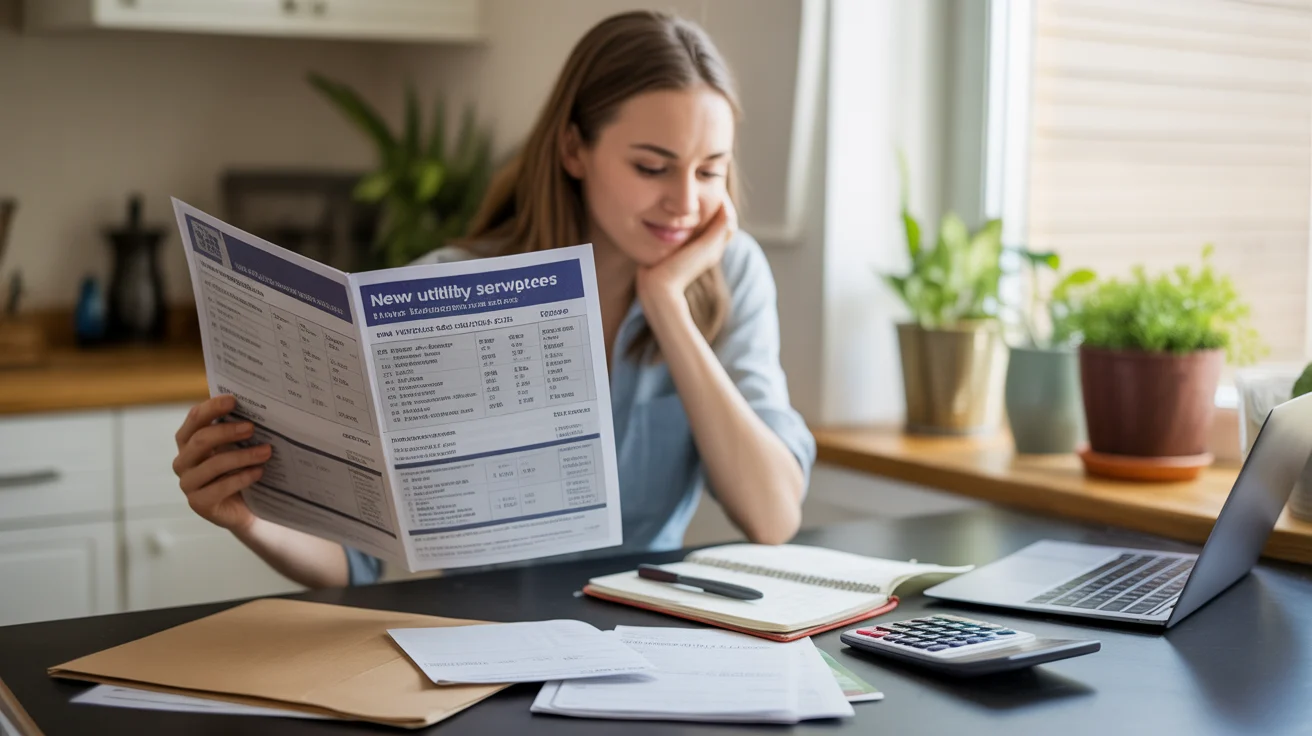 Woman reviewing utility fees while budgeting at kitchen table in Sandy apartment