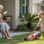 Grandmother fanning herself on shaded porch while granddaughter plays in yard on hot summer day in Orlando