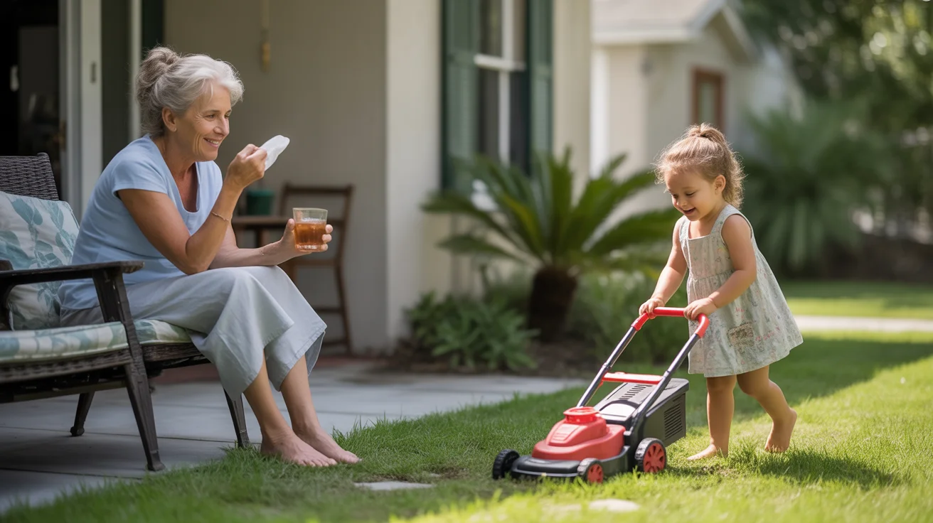 Grandmother fanning herself on shaded porch while granddaughter plays in yard on hot summer day in Orlando